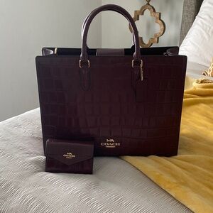 Coach women Croc-Embossed Leather Tote and Wallet in Deep Burgundy